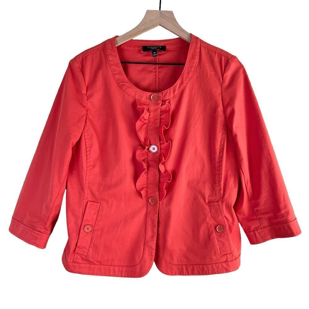 Talbots Ruffle Button Front Collarless Blazer‎ Jacket Cotton Coral Orange, 14P